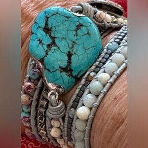 Turquoise and Silver Beaded Wrap Bracelet